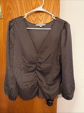 LOFT Brown Polka Dot Long Sleeve V-Neck Top